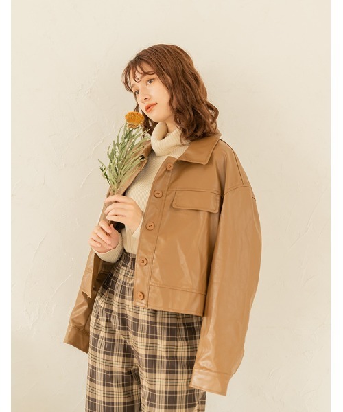 chocomee（チョコミー）の「fake leather jacket/フェイクレザージャケット（ブルゾン・レディース・ブラウン/ブラック・FREE）」の8枚目の写真