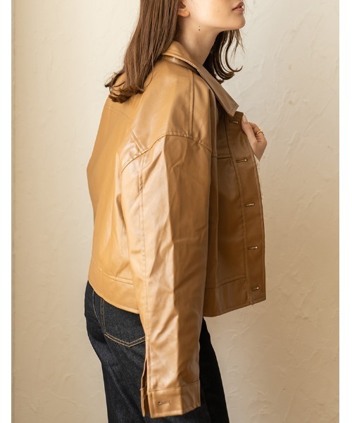 chocomee（チョコミー）の「fake leather jacket/フェイクレザージャケット（ブルゾン・レディース・ブラウン/ブラック・FREE）」の5枚目の写真