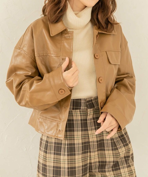 chocomee（チョコミー）の「fake leather jacket/フェイクレザージャケット（ブルゾン・レディース・ブラウン/ブラック・FREE）」の16枚目の写真