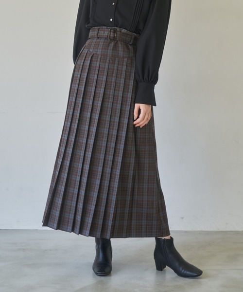idem(イデム)の「belted pleats check skirt/プリーツチェックロングスカート(スカート・レディース・グレー/グリーン・FREE/SMALL)」の2枚目の写真