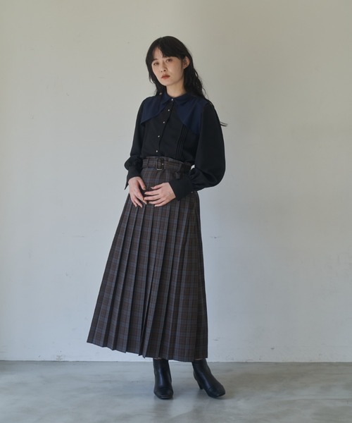 idem（イデム）の「belted pleats check skirt/プリーツチェック
