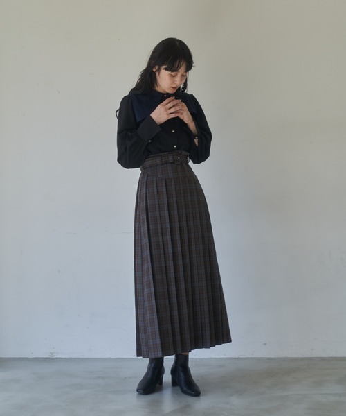 idem(イデム)の「belted pleats check skirt/プリーツチェックロングスカート(スカート・レディース・グレー/グリーン・FREE/SMALL)」の13枚目の写真