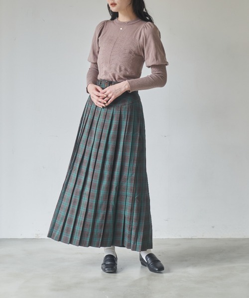 idem(イデム)の「belted pleats check skirt/プリーツチェックロングスカート(スカート・レディース・グレー/グリーン・FREE/SMALL)」の3枚目の写真