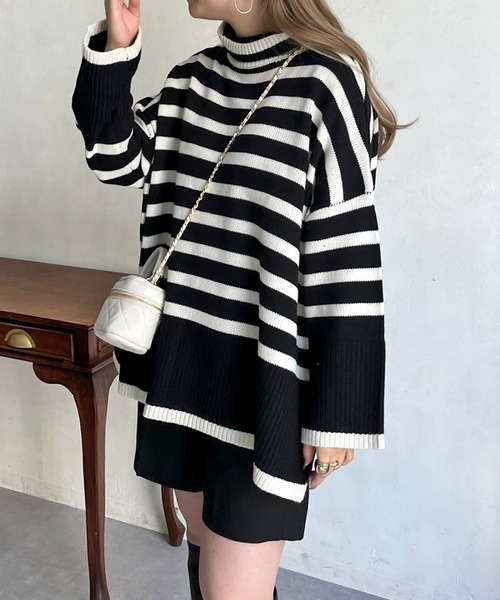 prose verse（プロズヴェール）の「ハイネックパネルボーダーニット（ニット/セーター・レディース・オフホワイト/ブラック・ﾌﾘ-）」の2枚目の写真