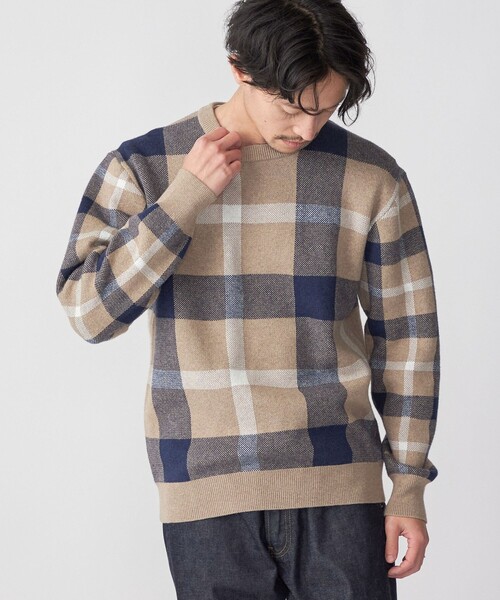 SHIPS（シップス）の「SHIPS:〈手洗い可能〉コットン カシミヤ チェック クルーネックニット（ニット/セーター・メンズ・ワイン/ブルー/グリーン/ベージュ・SMALL/MEDIUM/LARGE/X-LARGE）」の2枚目の写真