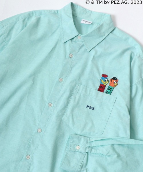 MARUKAWA（マルカワ）の「PEZ/ペッツ ワンポイントロゴ キャラクター刺繍 無地 ストライプ オーバーサイズ レギュラーカラーシャツ メンズ レディース（シャツ/ブラウス・メンズ・ブルー系その他/グリーン/ホワイト・M/L）」の2枚目の写真