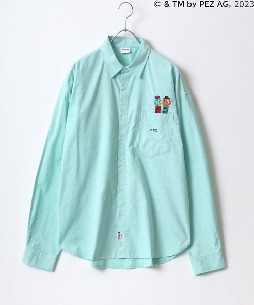 MARUKAWA（マルカワ）の「PEZ/ペッツ ワンポイントロゴ キャラクター刺繍 無地 ストライプ オーバーサイズ レギュラーカラーシャツ メンズ レディース（シャツ/ブラウス・メンズ・ブルー系その他/グリーン/ホワイト・M/L）」の6枚目の写真