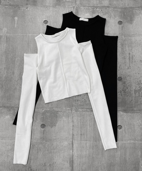 LVEU.（ラブユ.）の「Center seam shoulder cut tops / センターシームショルダーカットトップス（Tシャツ/カットソー・レディース・ブラック/ホワイト・FREE）」の3枚目の写真