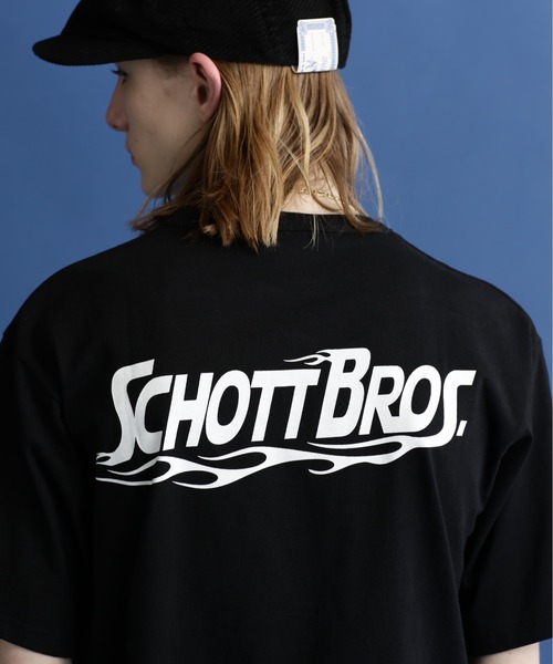 schott（ショット）の「Schott/ショット/SS T-SHIRT "FIRE SCRIPT"/"ファイア スクリプト" Tシャツ（Tシャツ/カットソー・メンズ・オフホワイト/サックスブルー/ブラック/オレンジ・M/XL/L/2XL）」の3枚目の写真