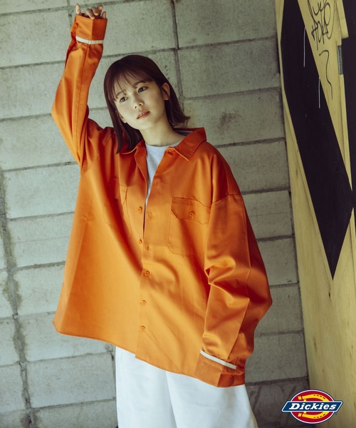刺繍タグ　初期　コムデギャルソンシャツ　オレンジ　シルク　コットン　長袖シャツ Dickies】長袖 ワイド ワークシャツ / 両胸ポケット / ディッキーズ