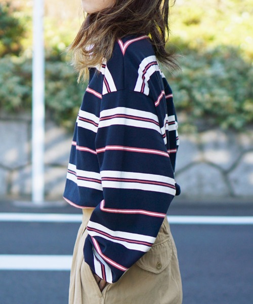SUNNY  SPORTS（サニースポーツ）の「SUNNY SPORTS/サニースポーツ BORDER STAND LS LAGER SHIRTボーダースタンドL/Sラガーシャツ(ユニセックス)（ポロシャツ・メンズ・サンドベージュ/ネイビー・LARGE/MEDIUM）」の17枚目の写真