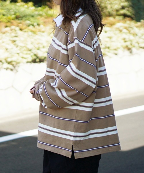 SUNNY  SPORTS（サニースポーツ）の「SUNNY SPORTS/サニースポーツ BORDER STAND LS LAGER SHIRTボーダースタンドL/Sラガーシャツ(ユニセックス)（ポロシャツ・メンズ・サンドベージュ/ネイビー・LARGE/MEDIUM）」の5枚目の写真
