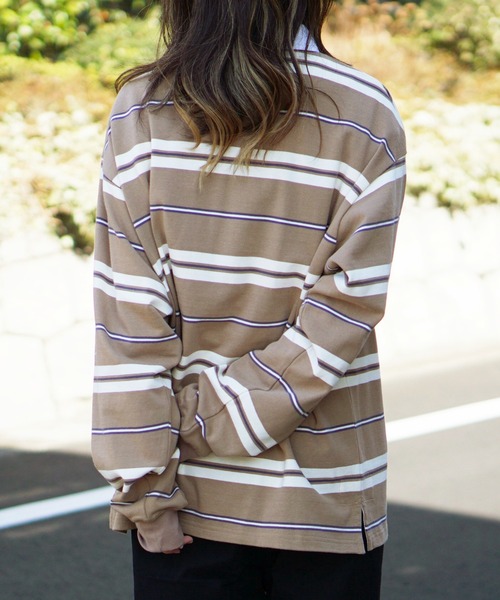 SUNNY  SPORTS（サニースポーツ）の「SUNNY SPORTS/サニースポーツ BORDER STAND LS LAGER SHIRTボーダースタンドL/Sラガーシャツ(ユニセックス)（ポロシャツ・メンズ・サンドベージュ/ネイビー・LARGE/MEDIUM）」の6枚目の写真