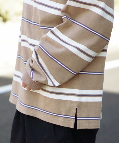 SUNNY  SPORTS（サニースポーツ）の「SUNNY SPORTS/サニースポーツ BORDER STAND LS LAGER SHIRTボーダースタンドL/Sラガーシャツ(ユニセックス)（ポロシャツ・メンズ・サンドベージュ/ネイビー・LARGE/MEDIUM）」の8枚目の写真