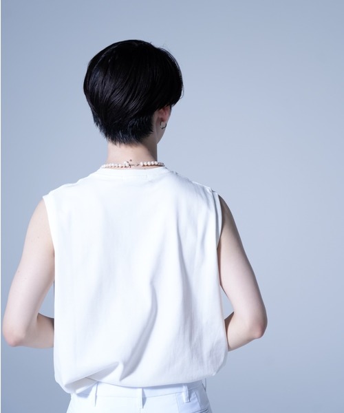 AROUND FLAVA(アラウンドフラバ)の「silkete like heavy weight glitter print sleeveless T / シルケットライク ヘビーウェイト ラメプリントノースリーブTシャツ(Tシャツ/カットソー・メンズ・ブラック/ホワイト・SMALL/MEDIUM/LARGE)」の5枚目の写真