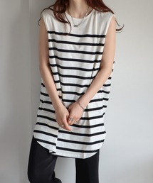 ロング丈ノースリーブパネルボーダーTシャツ