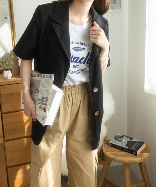 Ada.（エイダ）の「リネンライクミドル丈テーラードジャケット（テーラードジャケット・レディース・アイボリー/ブラック/ホワイト・FREE）」の6枚目の写真