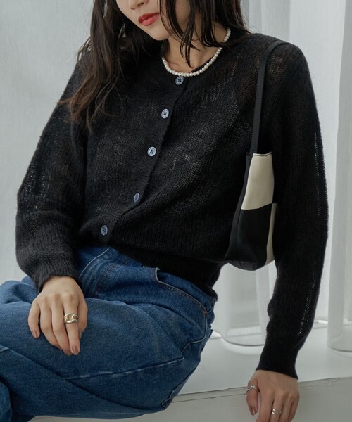 coen（コーエン）の「シアーモヘアミックスカーディガン（カーディガン/ボレロ・レディース・ライトグレー/ブラック/オフホワイト/ライム・M/L）」の3枚目の写真