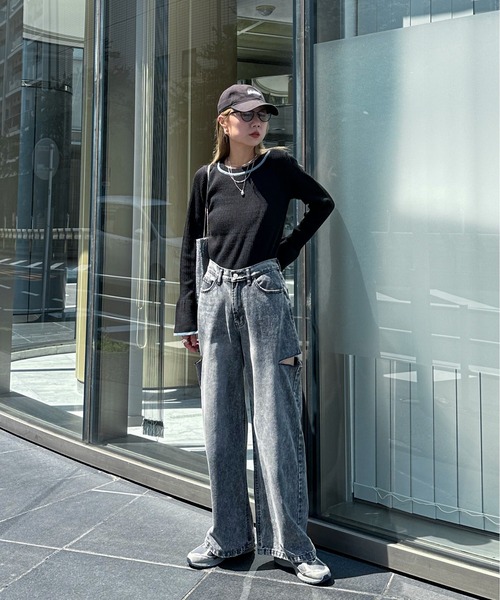 feepur（フェピュール）の「【ハンドウォッシャブル】フレアスリーブ配色リブニット（ニット/セーター・レディース・オフホワイト/グレー/ブラック・MEDIUM）」の9枚目の写真