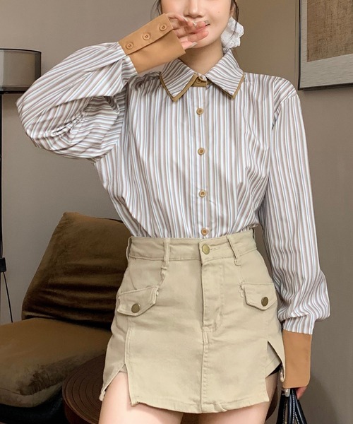 Sibra（シブラ）の「配色ダブルラペルシャツ（シャツ/ブラウス・レディース・ブルー/グリーン/グレー/ブラウン/ピンク・M）」の3枚目の写真