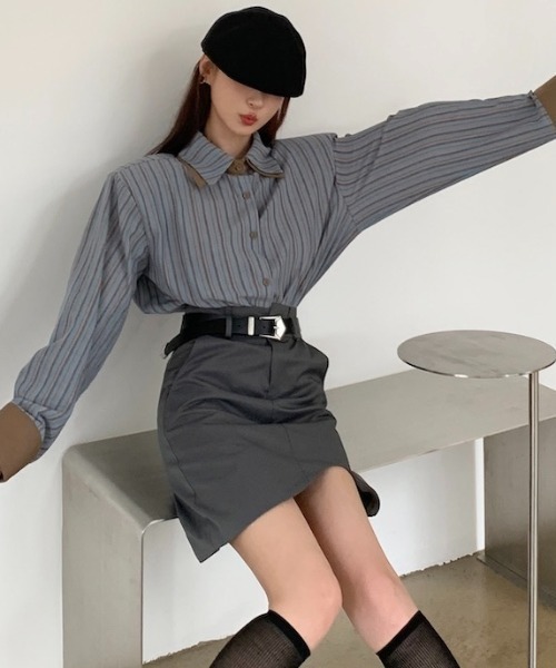 Sibra（シブラ）の「配色ダブルラペルシャツ（シャツ/ブラウス・レディース・ブルー/グリーン/グレー/ブラウン/ピンク・M）」の9枚目の写真