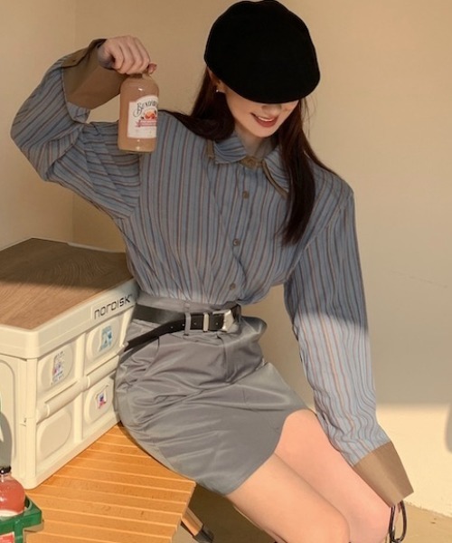 Sibra（シブラ）の「配色ダブルラペルシャツ（シャツ/ブラウス・レディース・ブルー/グリーン/グレー/ブラウン/ピンク・M）」の6枚目の写真