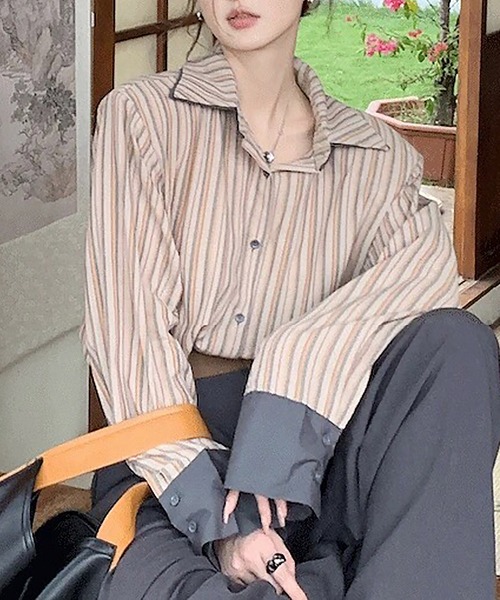 Sibra（シブラ）の「配色ダブルラペルシャツ（シャツ/ブラウス・レディース・ブルー/グリーン/グレー/ブラウン/ピンク・M）」の15枚目の写真