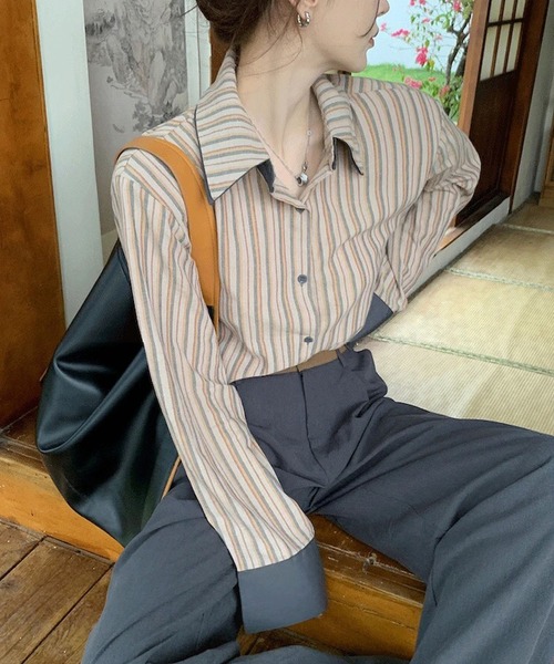 Sibra（シブラ）の「配色ダブルラペルシャツ（シャツ/ブラウス・レディース・ブルー/グリーン/グレー/ブラウン/ピンク・M）」の16枚目の写真