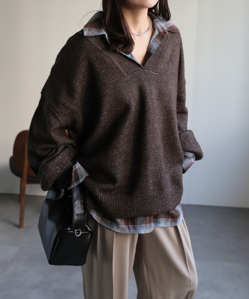 AP STUDIO ディープVネックニット ブラウン ディープVネックニット（ニット／セーター）｜AP STUDIO（エーピー