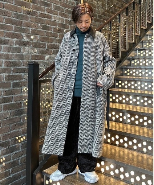 セール】ロービングヘリンボン ベルテッド ステンカラーウールコート