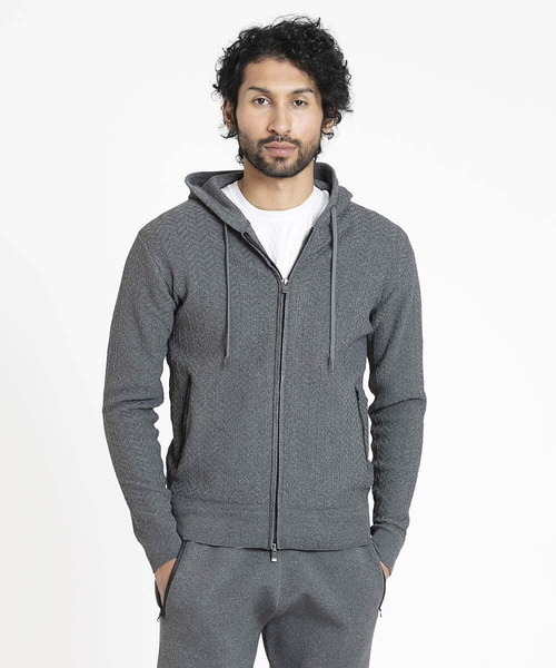 MICHEL KLEIN HOMME   （ミッシェルクランオム）の「【2024年モデル】ニットZIPアップパーカー セットアップ（パーカー・メンズ・ブラック/ダークグレー・MEDIUM/LARGE/X-LARGE）」の6枚目の写真