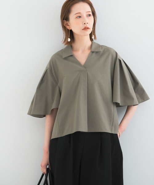 URBAN RESEARCH ROSSO WOMEN(アーバンリサーチ ロッソ)の「フレアスリーブショートシャツブラウス(シャツ/ブラウス・レディース・ホワイト/ストライプ/カーキ・FREE)」の4枚目の写真