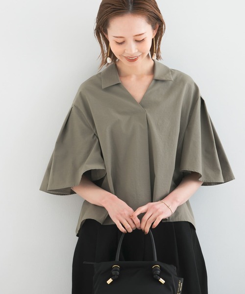 URBAN RESEARCH ROSSO WOMEN(アーバンリサーチ ロッソ)の「フレアスリーブショートシャツブラウス(シャツ/ブラウス・レディース・ホワイト/ストライプ/カーキ・FREE)」の5枚目の写真