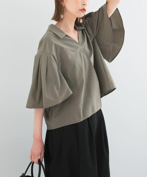 URBAN RESEARCH ROSSO WOMEN(アーバンリサーチ ロッソ)の「フレアスリーブショートシャツブラウス(シャツ/ブラウス・レディース・ホワイト/ストライプ/カーキ・FREE)」の8枚目の写真