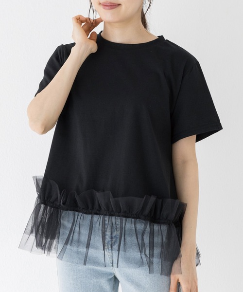 INCEDE（インシード）の「裾フリル 異素材プルオーバー（Tシャツ/カットソー・レディース・ブラック/オフホワイト・LL/L/M）」の2枚目の写真