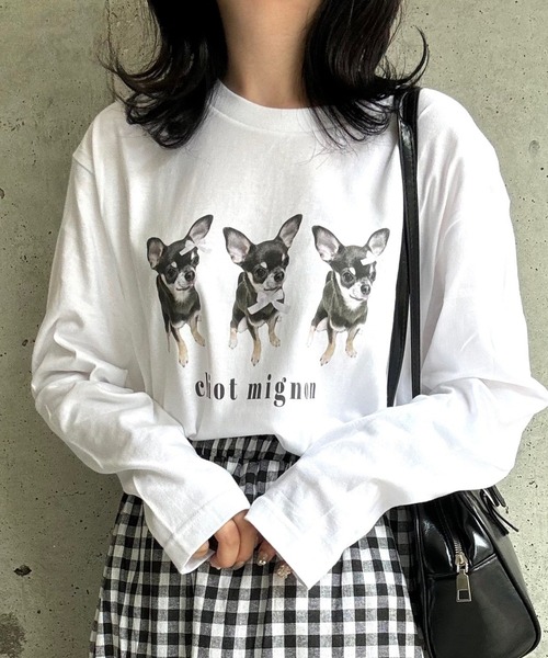 SIILON 犬 プリント Tシャツ チャコールグレー GLOSTER/グロスター】DOG&CAT 犬猫プリント ピグメント プリント