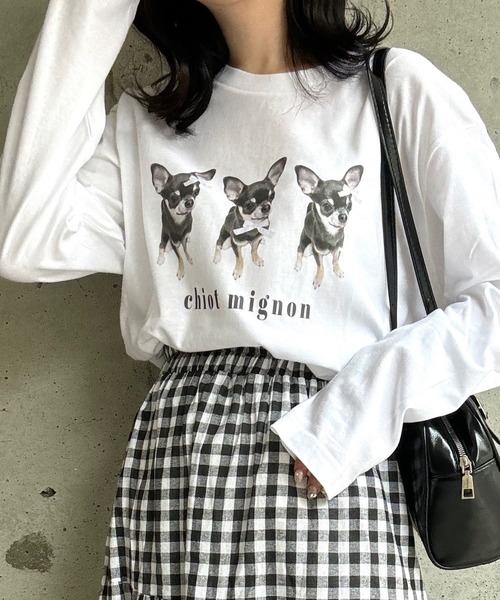 セール】子犬ribbonプリントロングTシャツ（Tシャツ/カットソー