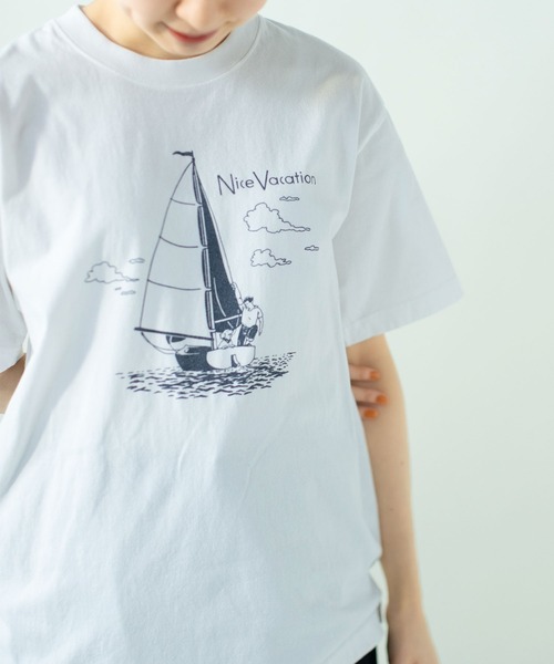 PAR ICI（パーリッシィ）の「わんこと休日Ｔシャツ（Tシャツ/カットソー・レディース・ホワイト/ネイビー・S/M）」の2枚目の写真