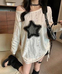 ルーズフィット 透け感ダメージ加工 スターアップリケ トップス