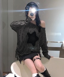 ルーズフィット 透け感ダメージ加工 スターアップリケ トップス