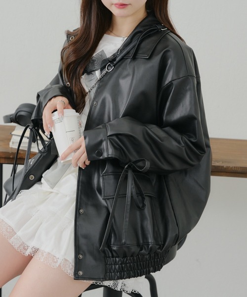 DIDDI MODA レトロリボンレザージャケット ブラック×ピンク M DIDDI