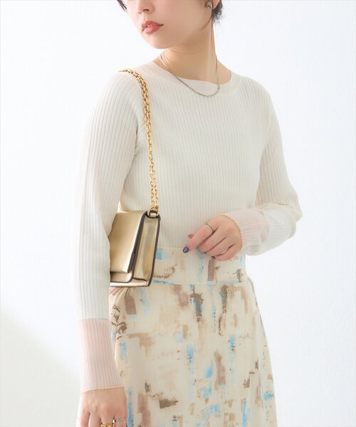 ニット セーター シアーリブニット レディース natural couture ニット セーター 袖口シアーリブニット