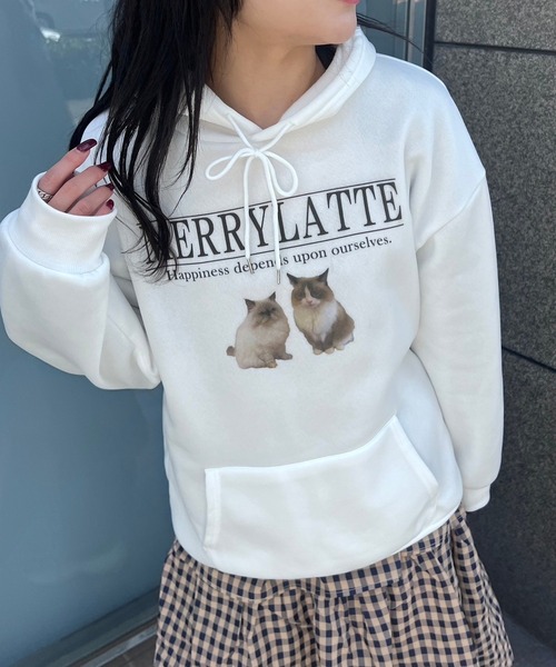 merrylatte(メリーラテ)の「子猫ロゴパーカー(パーカー・レディース・ホワイト・LARGE)」の1枚目の写真