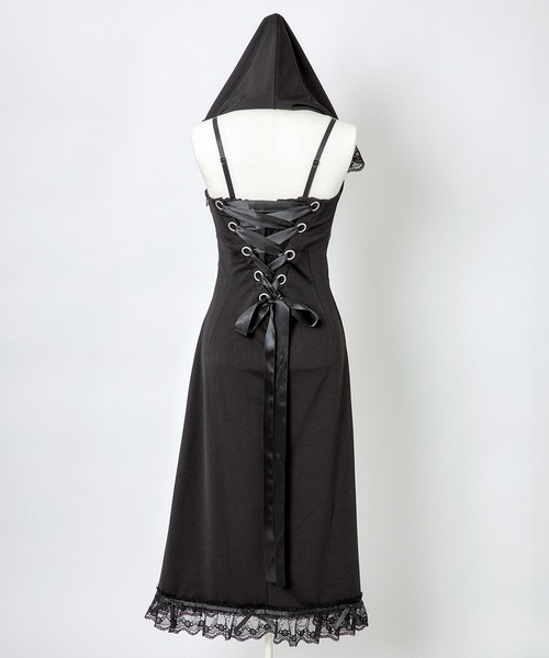 Lace trimming hoodie sleeveless long one piece（ワンピース 