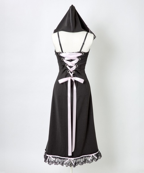 Lace trimming hoodie sleeveless long one piece（ワンピース 