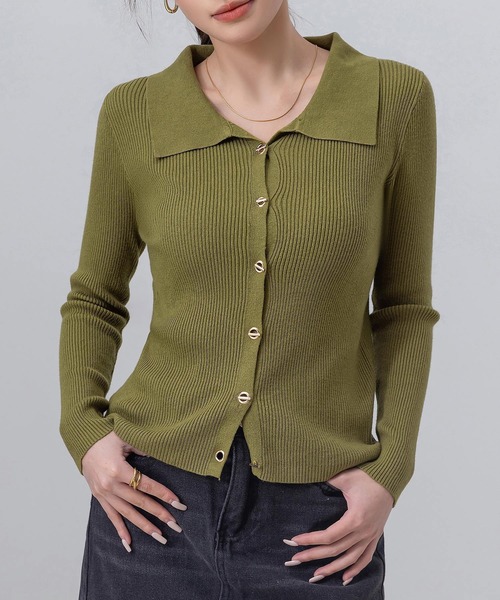 DAY CLOSET(デイ クローゼット)の「レディース 長袖マンテルボタンポロリブニットカーディガン(カーディガン/ボレロ・レディース・ブラック/アイボリー/オートミール/ベージュ/オリーブ・FREE)」の5枚目の写真