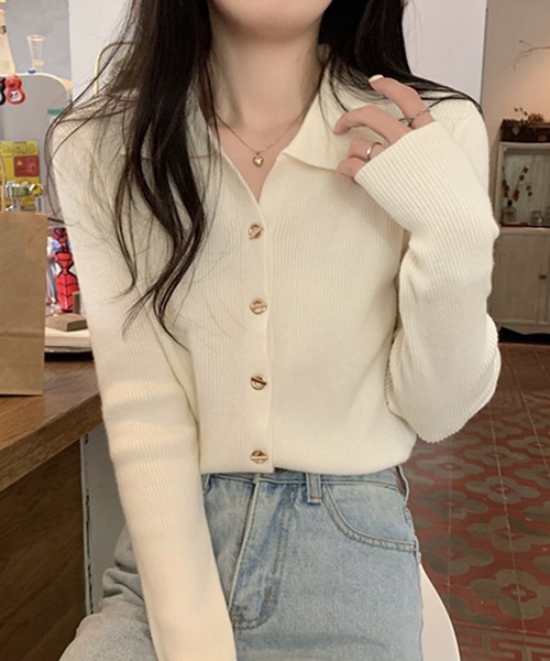 DAY CLOSET(デイ クローゼット)の「レディース 長袖マンテルボタンポロリブニットカーディガン(カーディガン/ボレロ・レディース・ブラック/アイボリー/オートミール/ベージュ/オリーブ・FREE)」の2枚目の写真