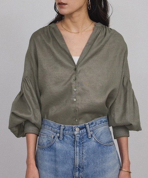 新品タグ付　アダム エ ロペ　リネンブラウス リネンスキッパーギャザーブラウス［GENTLE LINEN］（シャツ