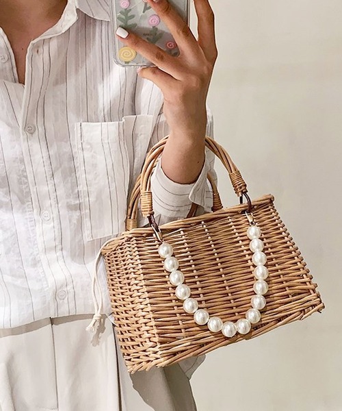 florist（フローリスト）の「パールorリボンアレンジカゴバッグ（巾着付き）/ 浴衣バッグ/ ミニバスケット（かごバッグ・レディース・ベージュ系3/ベージュ系2/ベージュ系4/ベージュ系1・FREE）」の2枚目の写真