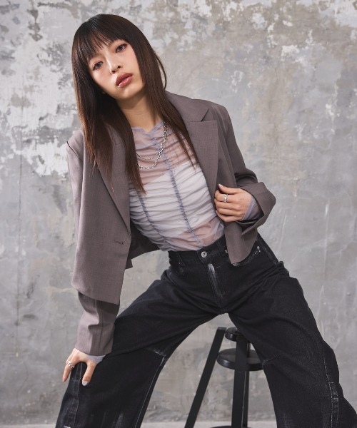 DIP IN CHOCOLATE(ディップインチョコレート)の「ショート丈ジャケット【DIP IN CHOCOLATE】(テーラードジャケット・レディース・ブラック/カーキ/ライトグレー・F)」の2枚目の写真